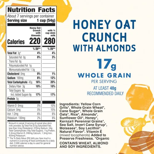 Vista 2 de Cascadian Farm Honey Oat Crunch con Almendras, Cereal Orgánico, Hecho con Grano Entero, 14.4 oz