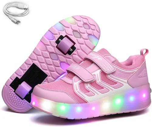 Vista 15 de Ehauuo - Zapatos de dos ruedas con luces recargables, con ruedas retráctiles, tenis unisex con LED intermitentes para Niñas Niños, Principiantes