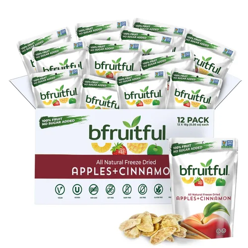 bfruitful Manzana liofilizada + canela, sin azúcar añadido, paquete de bocadillos de frutas liofilizadas o para niños y adultos, bocadillos de