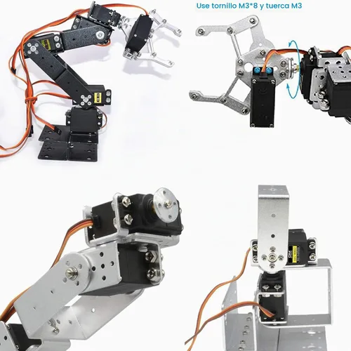 Vista 2 de ROT3U 6DOF brazo de robot de aluminio mecánico experto plateado, garra robótica abrazadera de Arduino