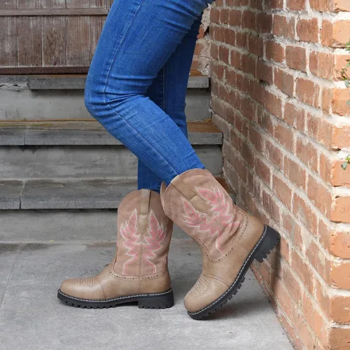 Vista 2 de Hawkwell Botas vaqueras occidentales de media pantorrilla para mujer, punta redonda, bordadas a la moda