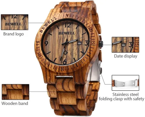 Vista 4 de BEWELL W086B Mens Wooden Watch Analog Quartz Lightweight Handmade Wood Wrist Watch