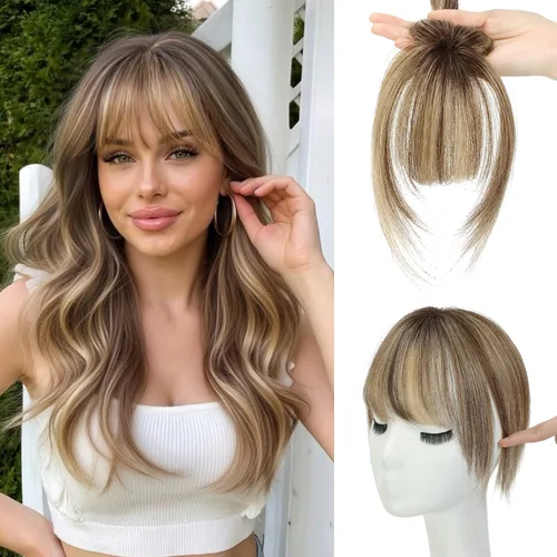 Vista 7 de Ms Taj Flequillo de cobertura de 360° de cabello humano real, extensiones de cabello con clip de aspecto natural para mujer, flequillo falso