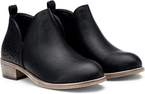 Vista 4 de VEPOSE botas al tobillo para mujer con tacón bajo y grueso, con perforaciones, botas de vaquero