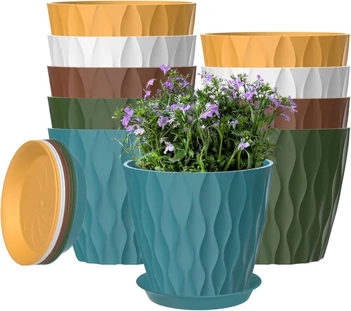 Vista 10 de Paquete de 6 macetas de 7 pulgadas con drenaje y platillos, macetas de plástico multicolor para plantas de interior y exterior, macetas apilables