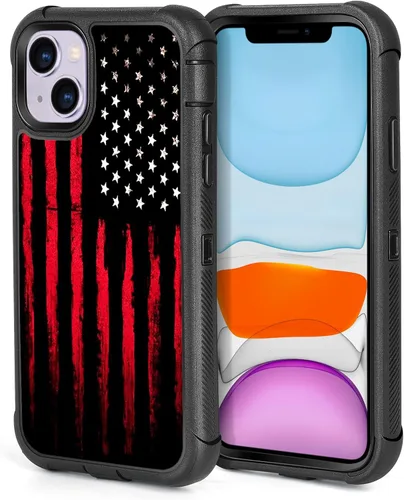 Funda compatible con iPhone 13 y iPhone 14, diseño de bandera estadounidense negra y roja para hombres y niños, 3 capas resistentes a prueba de