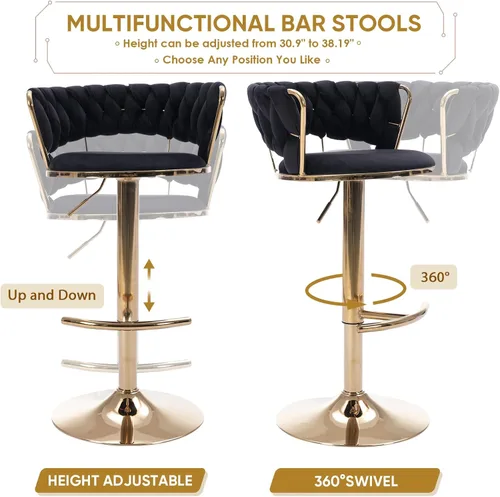 Vista 7 de KINFFICT Juego de 2 taburetes de bar giratorios de terciopelo, taburete de bar ajustable con respaldo tejido, sillas de comedor tapizadas, taburetes