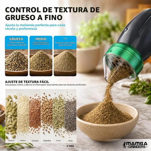 Vista 4 de Mamba Original Electric Seed Grinder, USB-C Rechargeable Spice Mill, Gray Anchor Gray & Green
