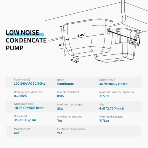 Vista 5 de Mini bomba de condensado dividida, bomba de eliminación de agua de drenaje de condensación automática silenciosa para HVAC, aire acondicionado