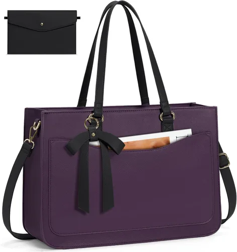 Vista 9 de RAINSMORE Bolsa para laptop para mujer, bolsa de trabajo de 15.6 pulgadas, bolsa de cuero para laptop, bolsa impermeable para computadora verde