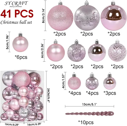 Vista 2 de Esferas de bola de Navidad para decoraciones navideñas - 41 piezas Adornos de árbol de Navidad rosado inastillables con asa de suspensión
