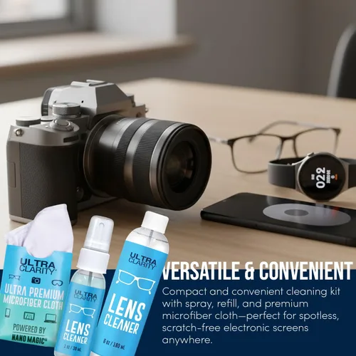 Vista 3 de Limpiador de lentes, botella de 1 onzas con spray y botella de recarga de 6 onzas, spray para lentes bio degradable, kit profesional de limpieza