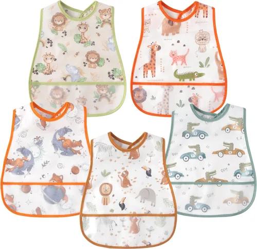 Vista 11 de R HORSE Juego de 5 baberos para bebés con bolsillo para atrapar migas y botón a presión, baberos impermeables para bebés de 6 a 24 meses
