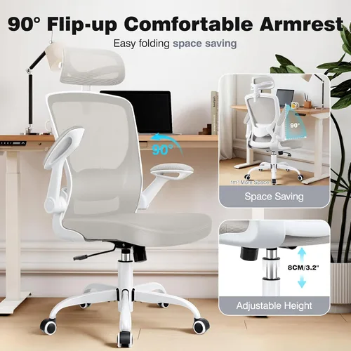 Vista 6 de Silla ergonómica de escritorio de oficina cómoda, sillas de escritorio de malla de respaldo alto con soporte lumbar ajustable, reposacabezas