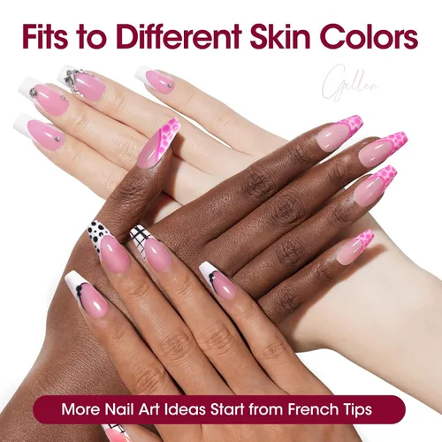 Vista 8 de Gellen Uñas postizas a presión con punta francesa de almendra, color rosa