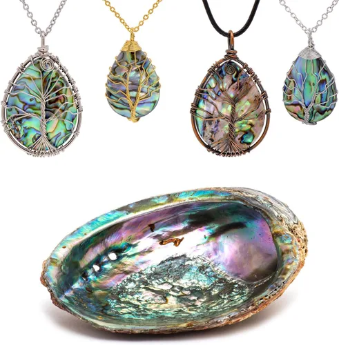 Vista 2 de Hand Wrapped Abalone Shell Tree of Life Pendant Necklace Small, Golden Wire