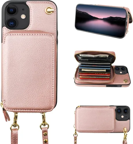Vista 12 de Bocasal Funda tipo cartera cruzada para iPhone 12/12 Pro, funda de piel con bloqueo RFID y soporte para tarjetas, funda protectora con cremallera
