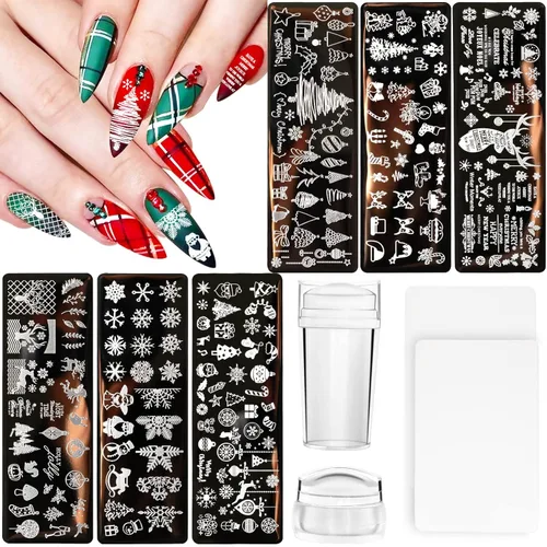 JUNEBRUSHS 10 platos de estampado de uñas de Navidad, 6 plantillas de arte de uñas, 2 sellos de uñas, 2 raspadores con copos de nieve, muñeco de