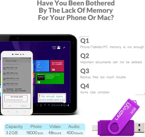 Vista 2 de Leizhan 32 GB OTG USB Flash Drive 64 gb128gb Pendrive de metal para teléfono inteligente Android Micro USB Pen Drive USB 2.0 para Samsung, Huawei