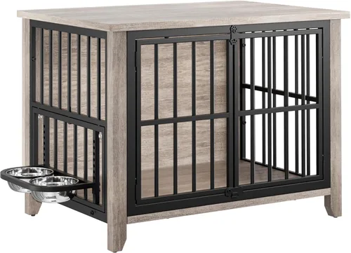 Lulive Muebles de jaula para perros, perrera de madera para interiores con cuencos ajustables de 360° y altura para perros, muebles de puertas Gris