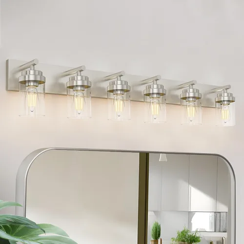 Vista 8 de IZORRO Lámpara de tocador de baño, 3 luces de 22 pulgadas de níquel cepillado sobre espejo, con pantalla de vidrio blanco, luces modernas de tocador