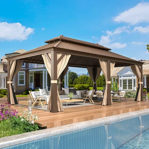 Vista 12 de EROMMY - Kiosco de techo rígido de 12 x 16 pies, kiosco de techo doble de acero galvanizado con marco de aluminio, permanente, de metal