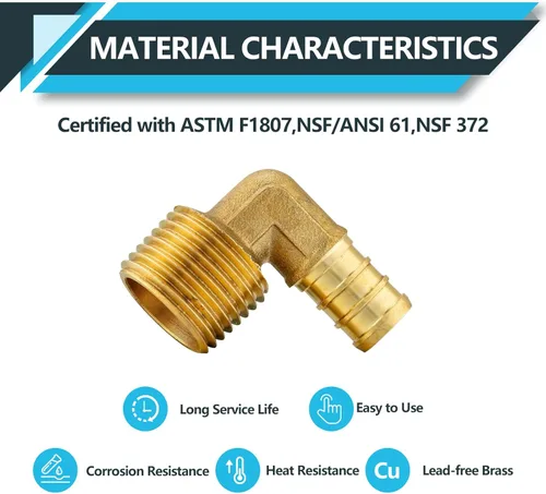 Vista 3 de Paquete de 5 accesorios PEX, adaptador de codo NPT roscado macho Pex de 1/2 x 3/4 pulgadas, accesorios de engarce de latón, para tubería PEX