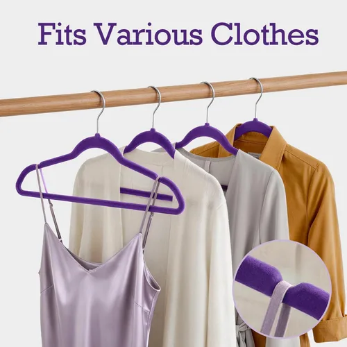 Vista 6 de HOUSE DAY Paquete de 60 perchas de terciopelo morado noble, perchas de terciopelo antideslizantes para ropa resistentes para abrigos, perchas
