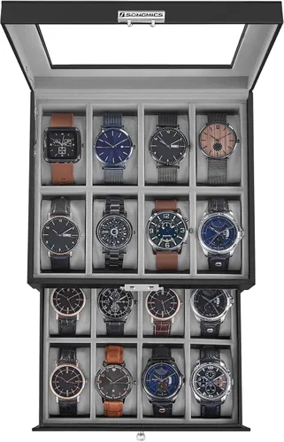 SONGMICS Caja de reloj de 16 ranuras, caja de reloj con tapa de vidrio, 2 capas, vitrina de reloj con cerradura, cuero sintético negro, forro gris