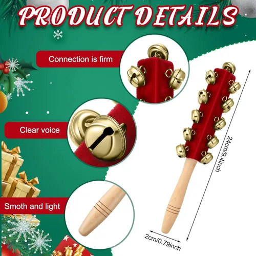 Vista 2 de Cindeer 2 Piezas Cascabeles de Trineo de Mano de Navidad Mango de Madera Cascabel Instrumentos Musicales Sonajero Instrumento de Percusión Musical