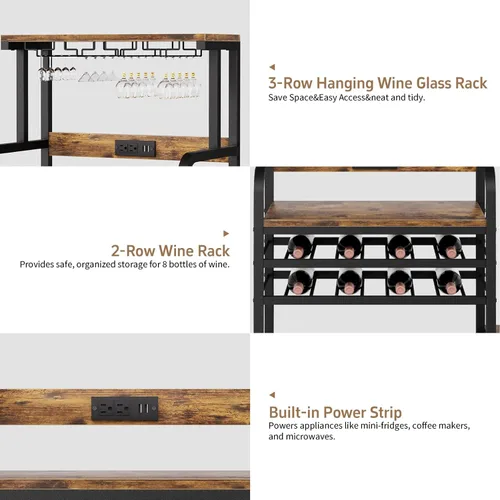 Vista 8 de Mini soporte para refrigerador con toma de corriente, soporte para microondas con estante para vino, barra de café con cestas de almacenamiento