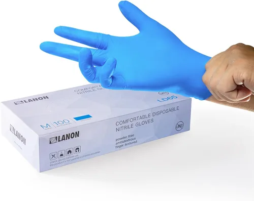 LANON - Guantes desechables de nitrilo sin silicona, seguros para alimentos, resistentes a productos químicos, sin polvo, puntas de los dedos Azul