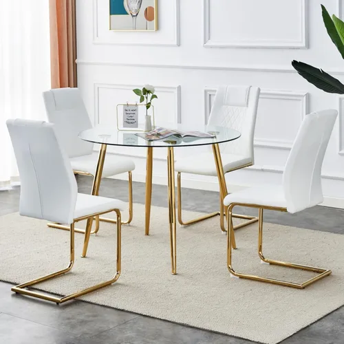 Vista 2 de Juego de mesa y silla, mesa de comedor circular, mesa de vidrio con un diámetro de 40 pulgadas y patas de metal chapado en oro, combinado con 4