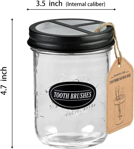 Vista 3 de Mason Jar - Soporte para cepillos de dientes, color negro, con tarro Mason de 16 onzas, tapa de acero inoxidable 304 prémium a prueba de óxido