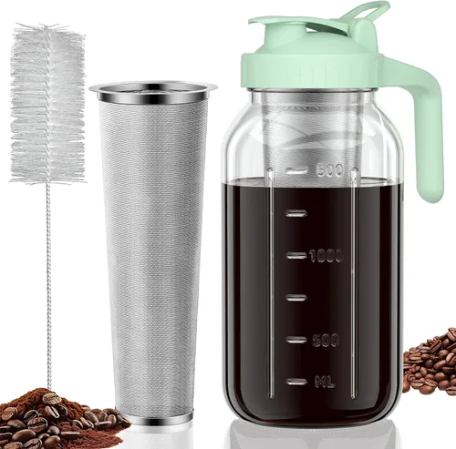 Vista 10 de Jarra de cafetera de infusión fría, jarra de vidrio de albañil de 32 oz con pico y tapa gruesa con asa y filtro de acero inoxidable para café