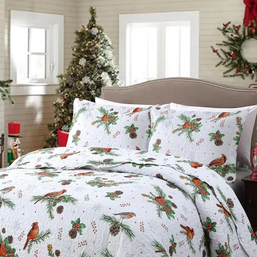 Vista 3 de MarCielo Juego de edredón de Navidad de 3 piezas, colcha rústica con ciervo, colcha ligera (cardenales, Queen)