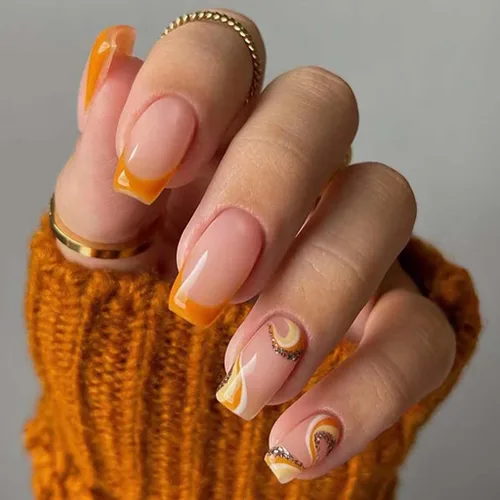 RikView Uñas postizas a presión de punta francesa, uñas postizas medianas cuadradas acrílicas con diseño de remolinos, uñas naranjas para mujer
