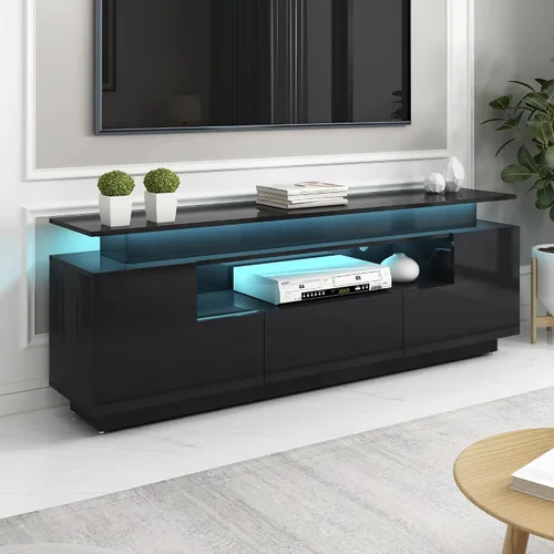 Vista 2 de CITYLIGHT Moderno soporte de TV con luces LED que cambian de color, centro de entretenimiento universal, gabinete de TV de alto brillo para TV