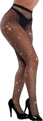 VEBZIN Medias de red brillantes y sexys con joyas de cintura alta para mujer, medias de red con diamantes de imitación para fiesta