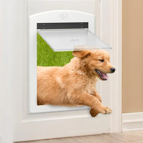 Vista 2 de MAVRICFLEX Puerta grande para perro con marco blanco, puerta de plástico para perros con panel de bloqueo deslizante y solapa rígida magnética