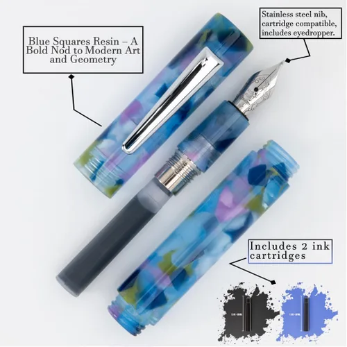 Vista 4 de Monteverde MVP - Pluma estilográfica Blue Squares - Punta Stub - Mini bolígrafo de bolsillo compacto y versátil - Punta JoWo fabricada en Alemania