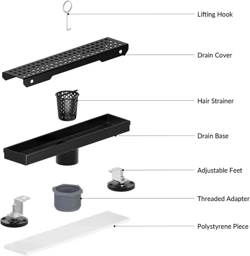 Vista 6 de Desagüe lineal de ducha de 12 pulgadas con rejilla extraíble, desagüe de ducha negro mate con accesorios, certificado CUPC rectángulo de drenaje