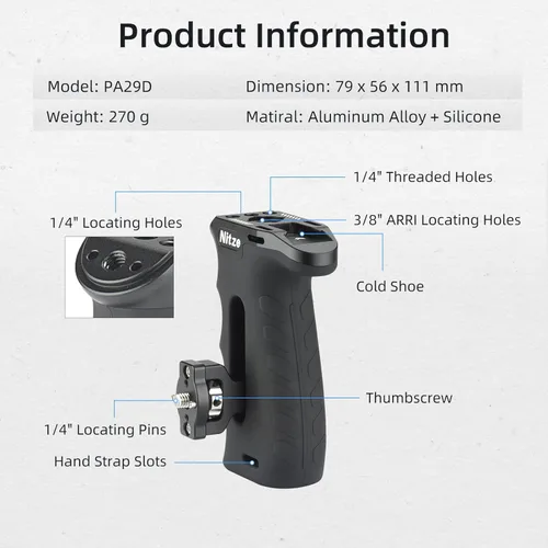 Vista 2 de Nitze Mango lateral ergonómico con tornillo de 1/4 pulgadas y pasadores de localización desmontables, arriba/abajo e izquierda/derecha, mango