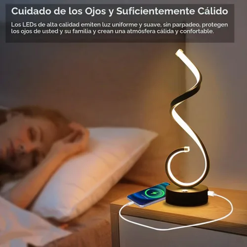 Vista 5 de Juego de 2 lámparas de mesa LED en espiral modernas, lámpara de mesa de control táctil de 10 W con puertos de carga USB, regulable, 3 modos de Negro