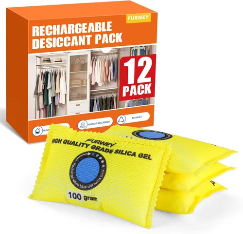 Vista 11 de FURWEY Paquete de 2 desecantes recargables, 3.53 oz cada uno, color azul, bolsas deshumidificadoras de gel de sílice que indican