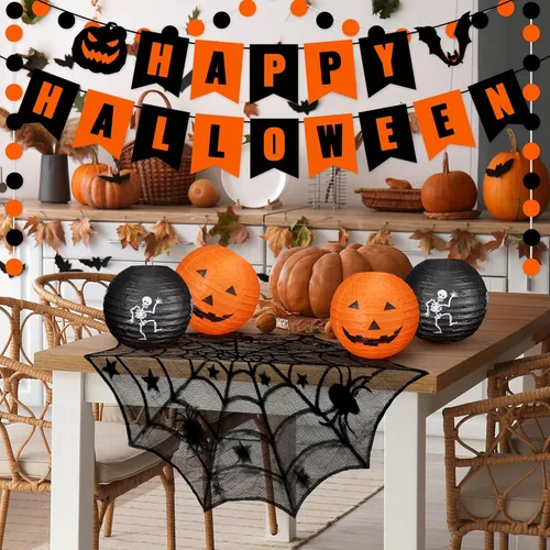 Vista 3 de DMIGHT Juego de decoraciones de Halloween para interiores, faroles de papel y abanicos, bufanda de chimenea de chimenea, alfombra de telaraña