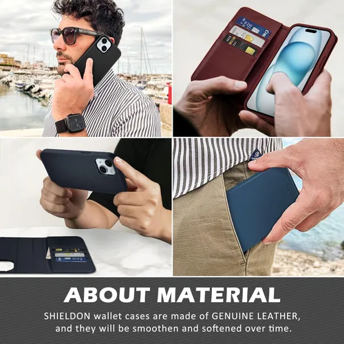 Vista 9 de SHIELDON Funda para iPhone 15 2023, funda de piel auténtica desmontable tipo cartera con función atril, bloqueo RFID, ranuras para tarjetas