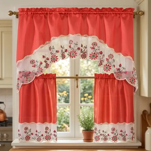 Vista 23 de YHSF Set de cortinas de cocina de 3 piezas con cenefa - Juego de cortinas de ventana de 2 niveles y cenefa con diseño de bolsillo para barra