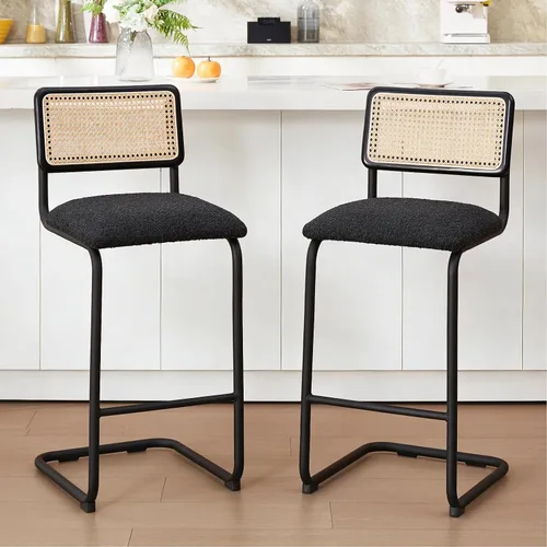 Vista 16 de Zesthouse Taburete de mimbre natural, taburete de bar moderno negro con respaldo de madera maciza y base cromada, taburete de bar de terciopelo