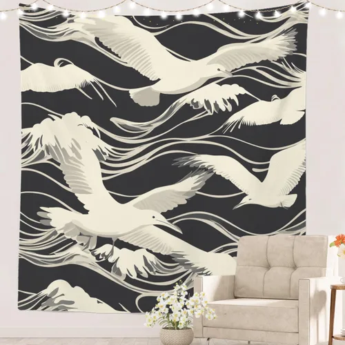 Vista 48 de Batmerry Maritime Ocean Tapestry, Anchors Wave Nautical Wall Art Hanging Decoration Polyester Fiber White Ruffled Around For Dorm Room Bedroom